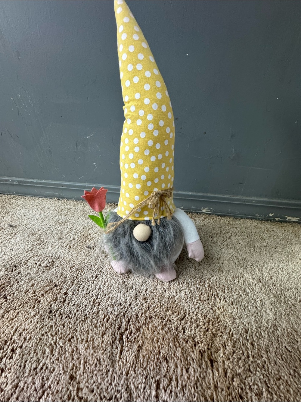 Handmade Polka Dot Yellow Gnome with Flower